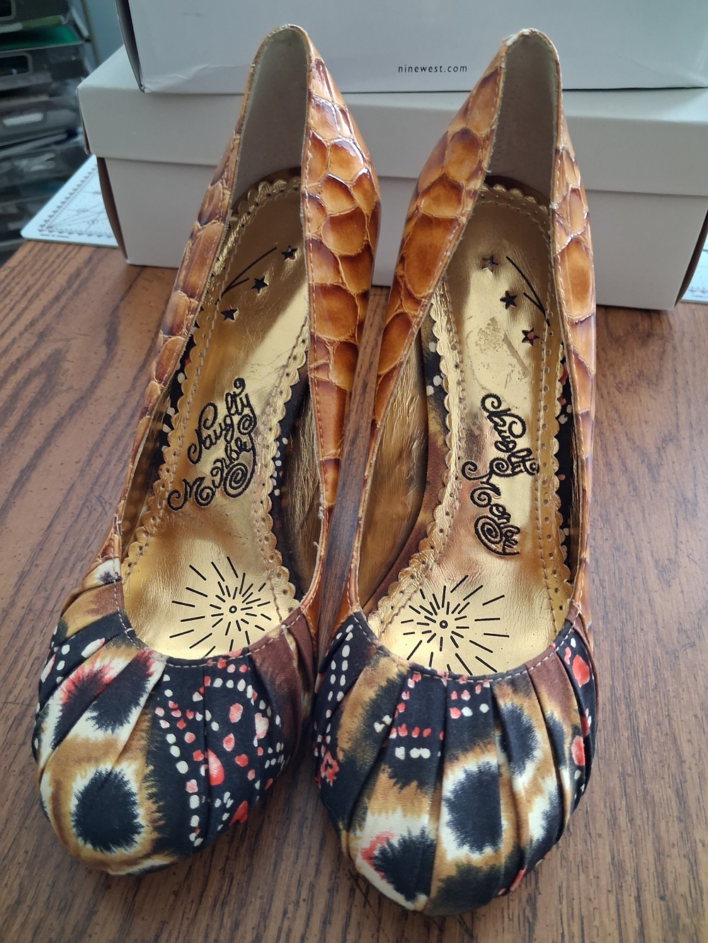 Womens Multicolor Printed and Faux-Snakeskin Heels